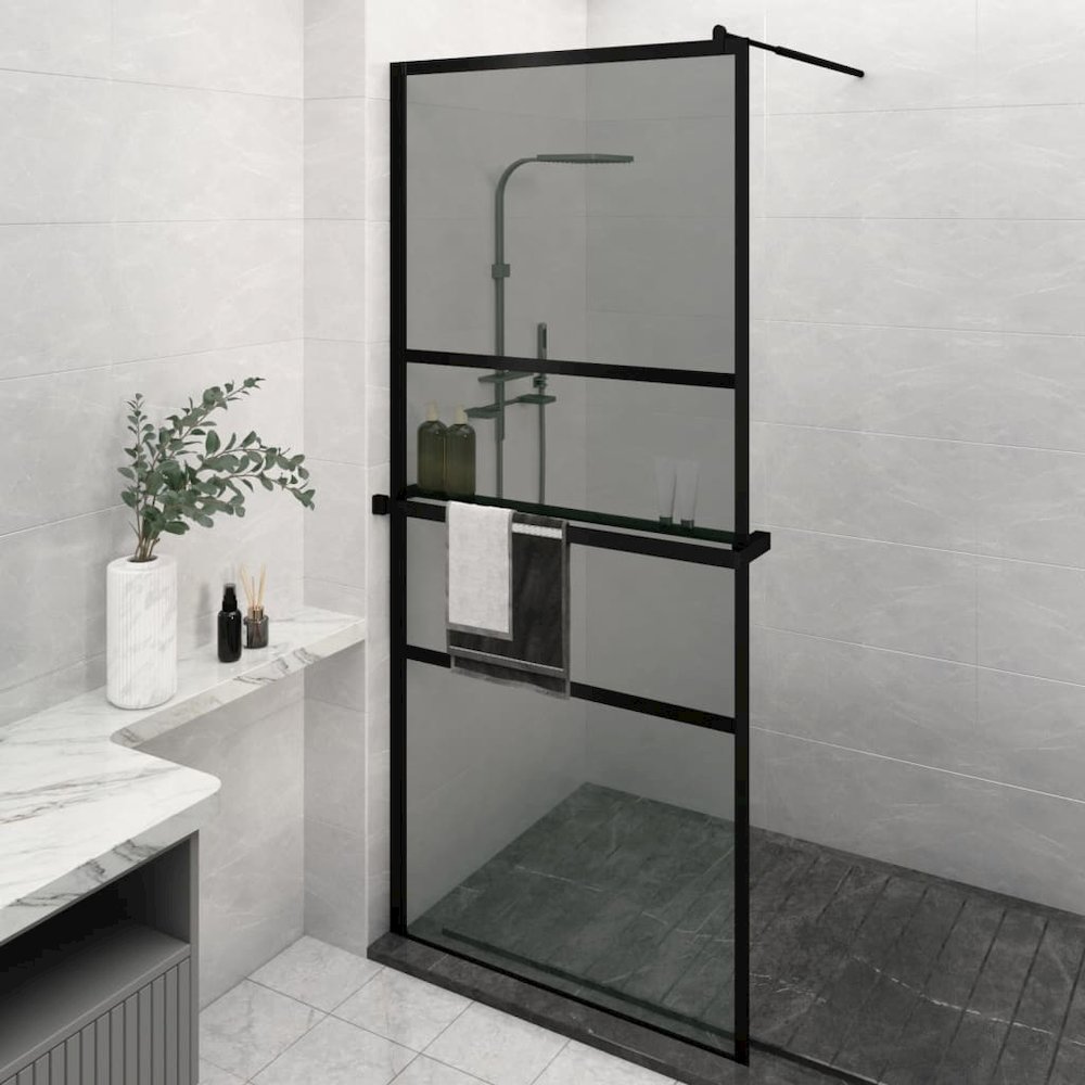 Walk-in Shower Wall with Shelf Black 39.4"x76.8" ESG Glass&Aluminum. Picture 1