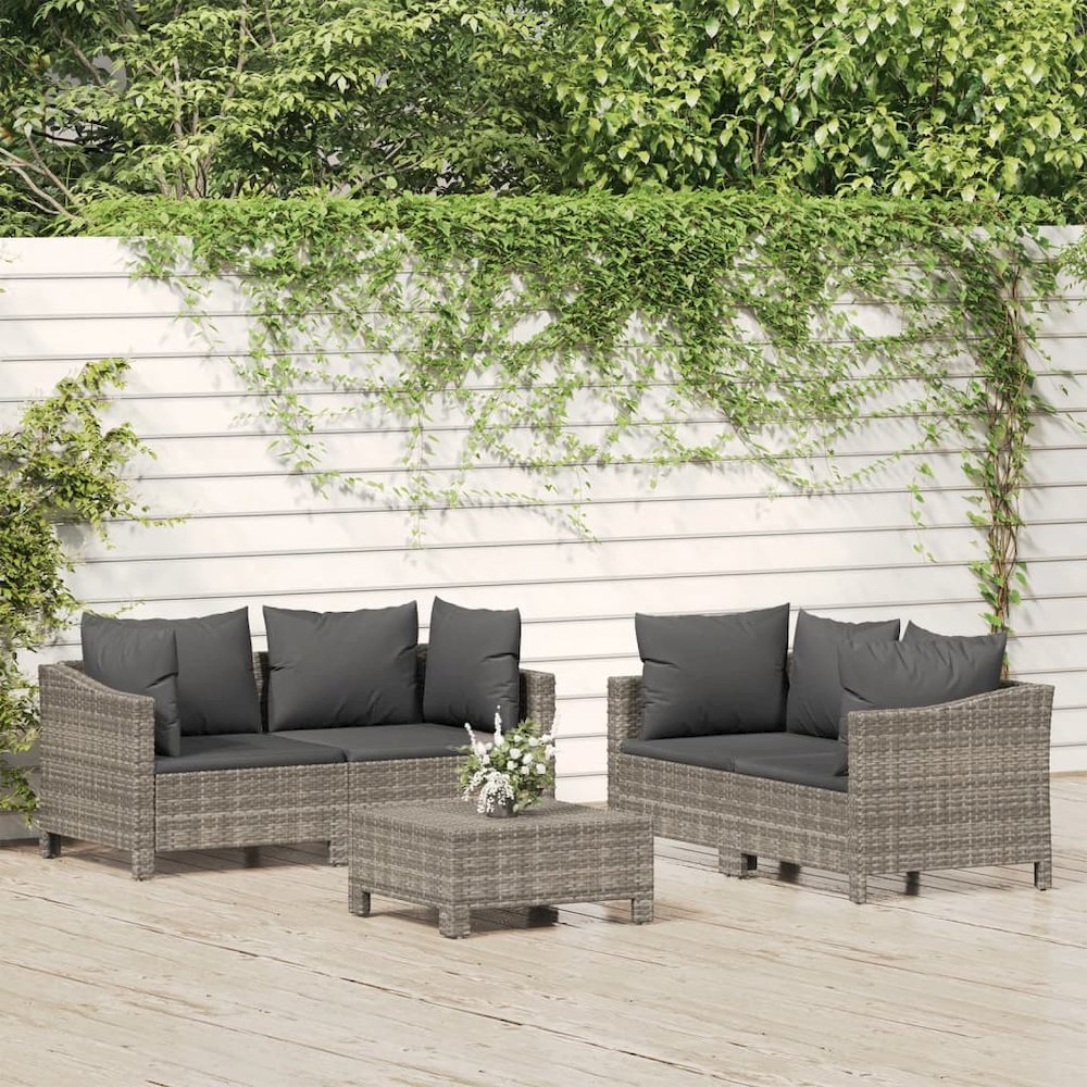 5 Piece Patio Lounge Set with Cushions Gray Poly Rattan. Picture 1