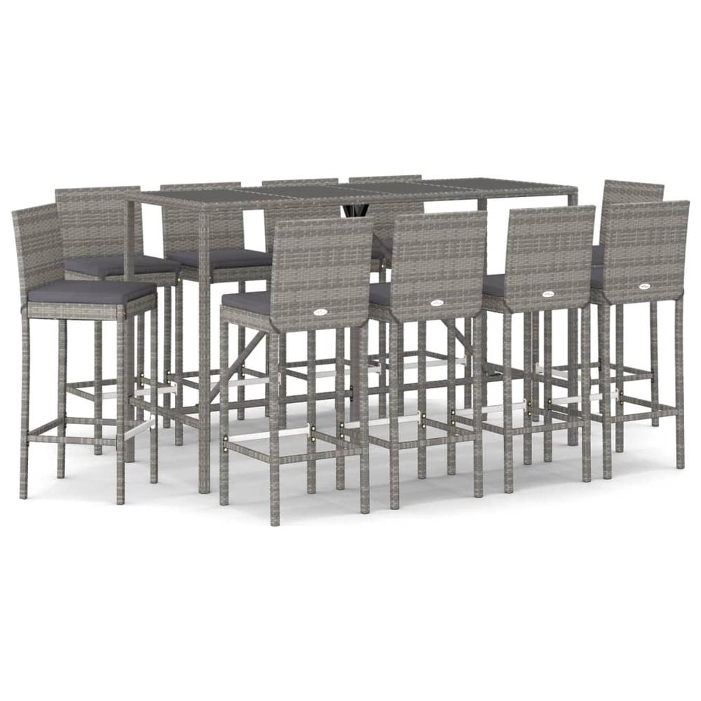 11 Piece Patio Bar Set with Cushions Gray Poly Rattan. Picture 1