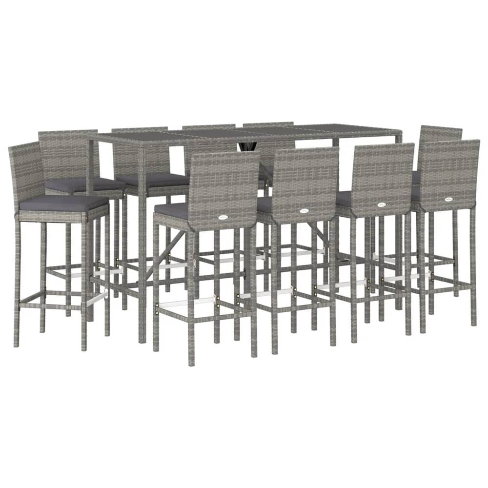 11 Piece Patio Bar Set with Cushions Gray Poly Rattan. Picture 2