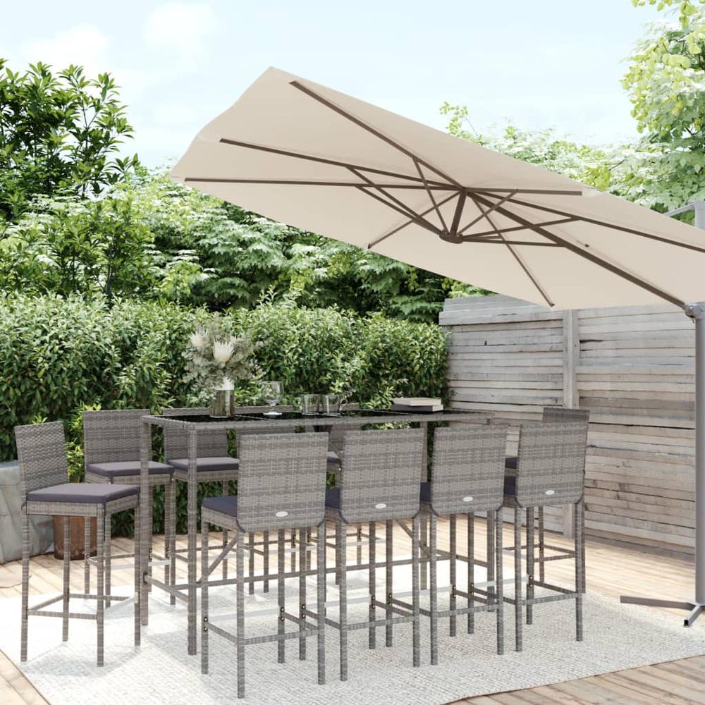 11 Piece Patio Bar Set with Cushions Gray Poly Rattan. Picture 8