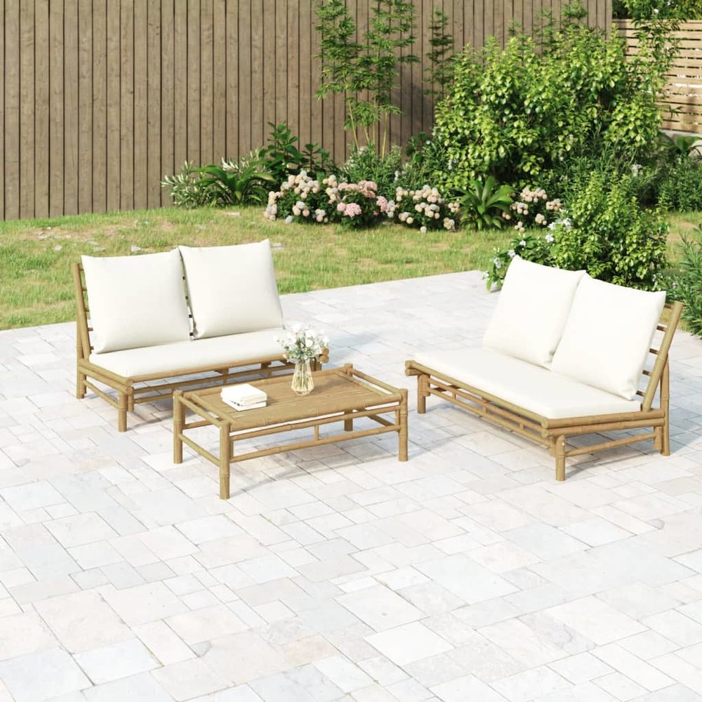 Garden Bench Natural Bamboo, Cream White Bamboo, Polyester (cushions). Picture 1
