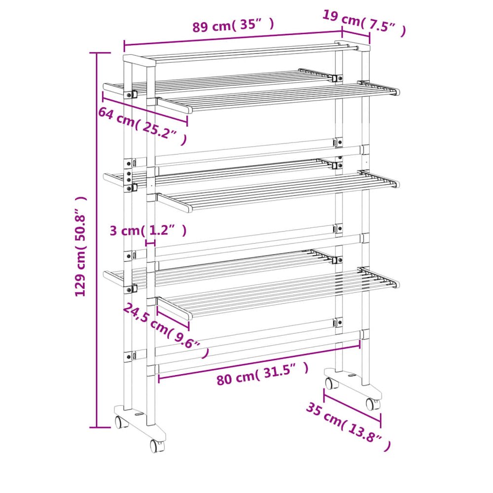 Laundry Drying Rack with Wheels 35"x25.2"x50.8" Aluminum. Picture 8