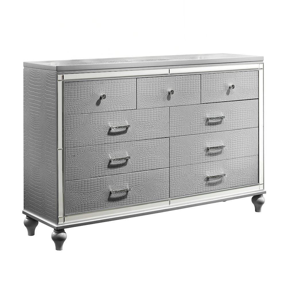 Furniture Valentine Solid Wood Dresser with 9 Drawers in Silver. Picture 1