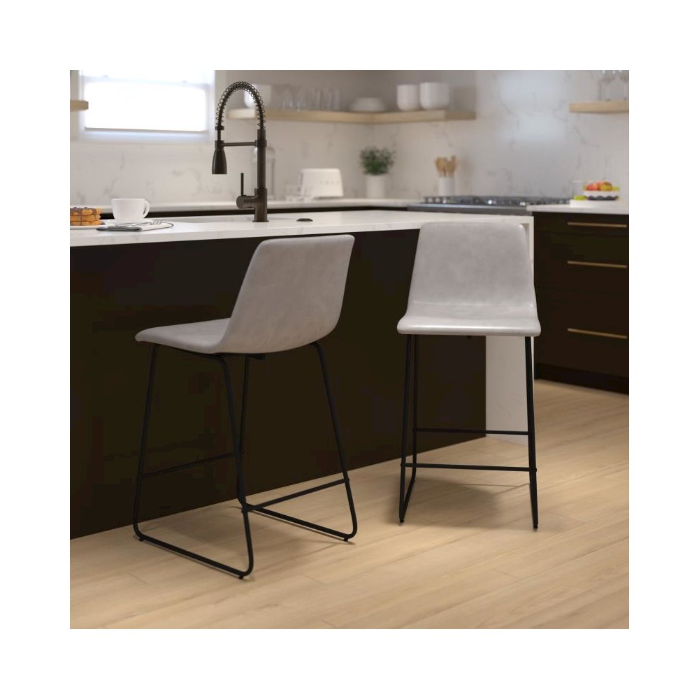 24 inch LeatherSoft Counter Height Barstools in Light Gray, Set of 2. Picture 2