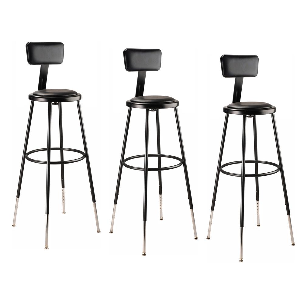 (3 Pack) NPS® 32 -39" Height Adjustable Heavy Duty Vinyl Padded Steel Stool With Backrest, Black. Picture 1
