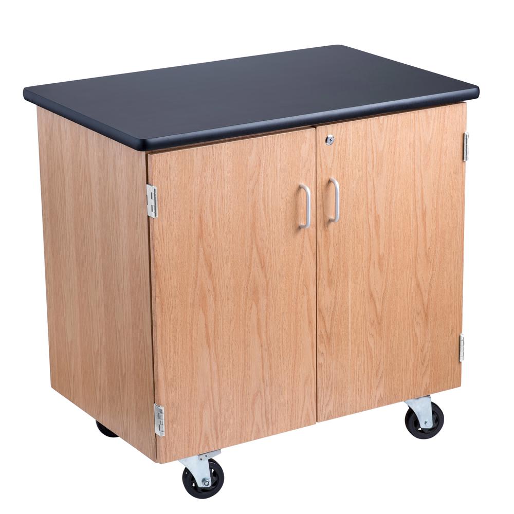 NPS® Mobile Science Cabinet With HPL Top, Black Top & Light Oak Frame. Picture 1