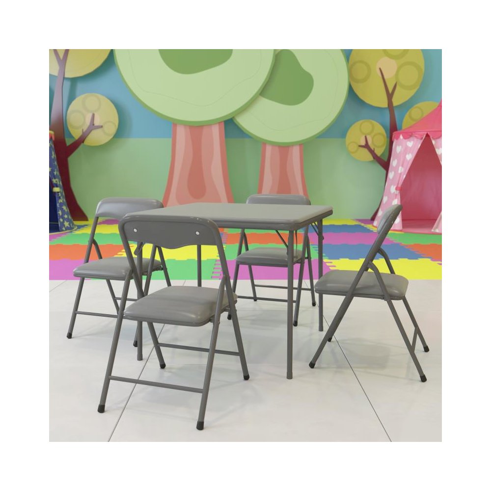 Kids Gray 5 Piece Folding Table and Chair Set. Picture 2