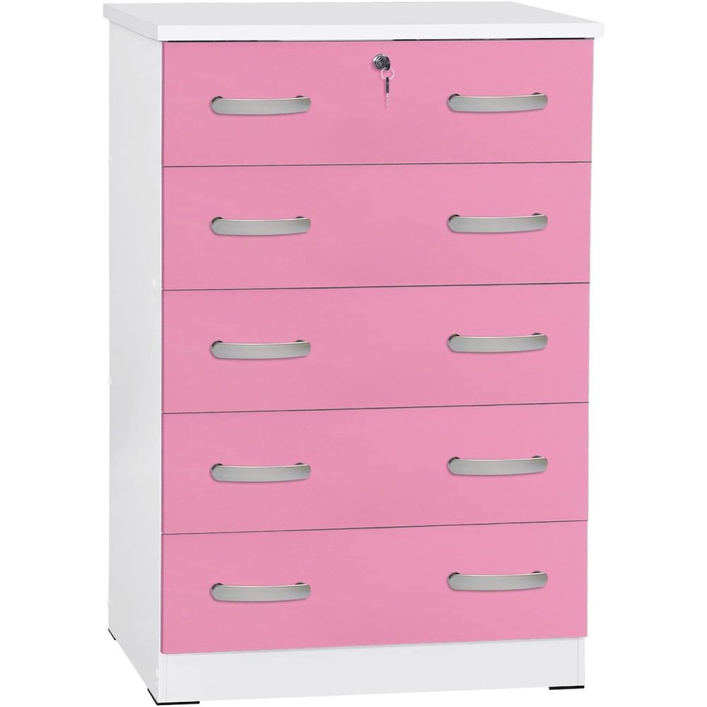 Better Home Products Cindy 5 Drawer Chest Wooden Dresser with Lock in Pink. Picture 2