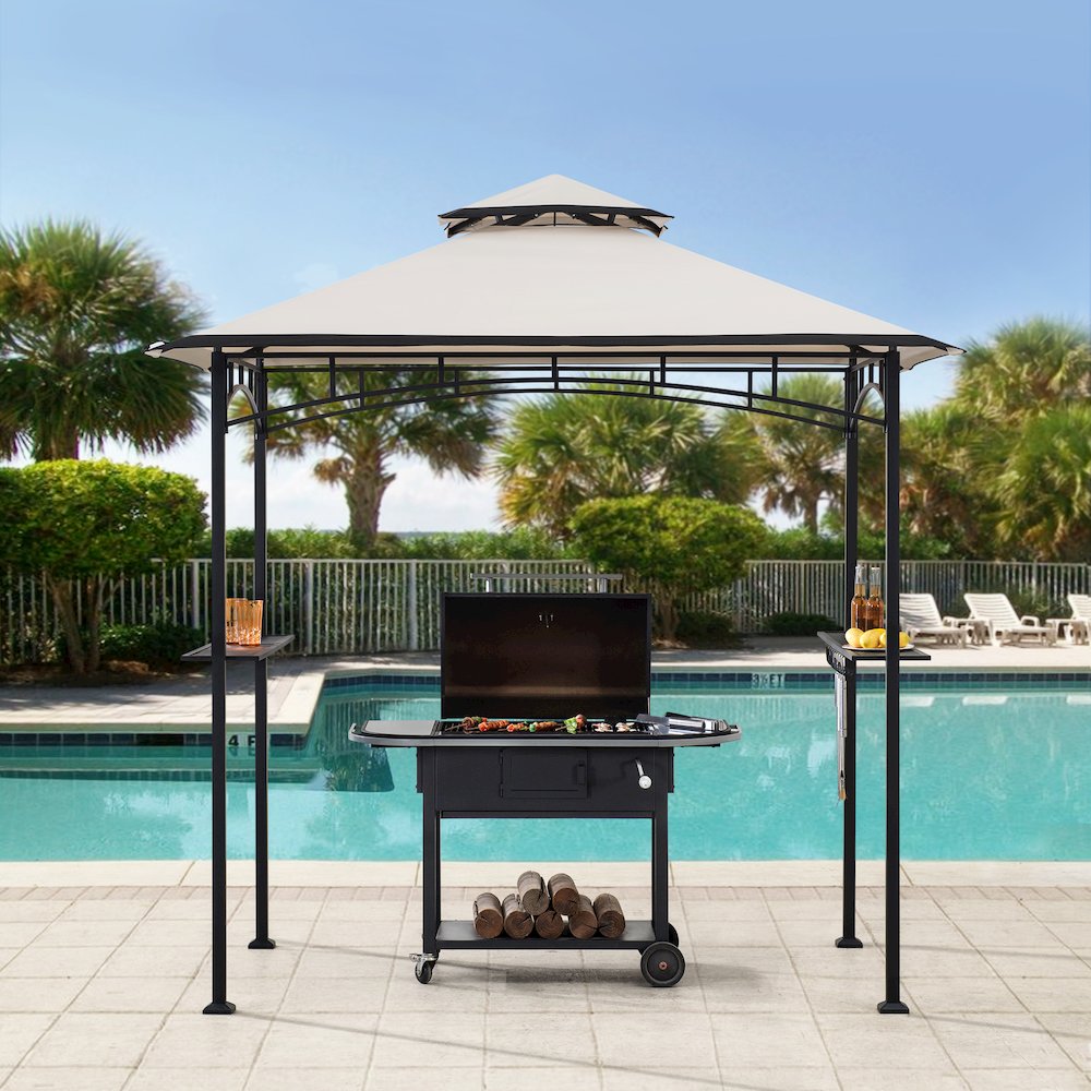 8x5 ft2-Tier Soft Top Gazebo Black Steel Grill Gazebo with Ceiling Hook, Shelves. Picture 9