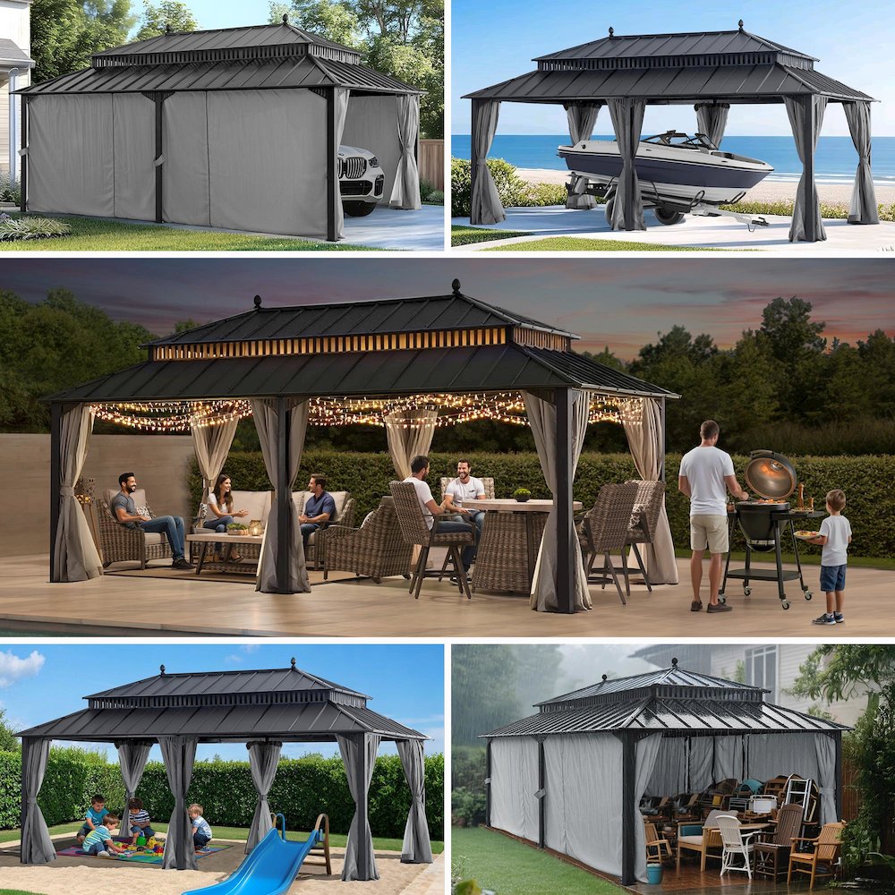 20 ft x 12 ft Aluminum Frame Steel Double Roof Hardtop Rectangular Gazebo, Grey. Picture 3