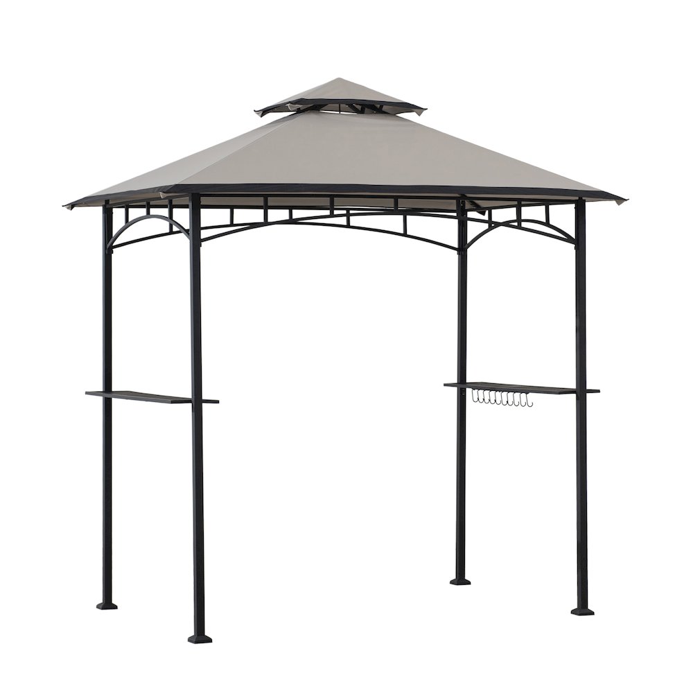 8x5ft 2-Tier Soft Top Gazebo Black Steel Grill Gazebo with Ceiling Hook, Shelves. Picture 1