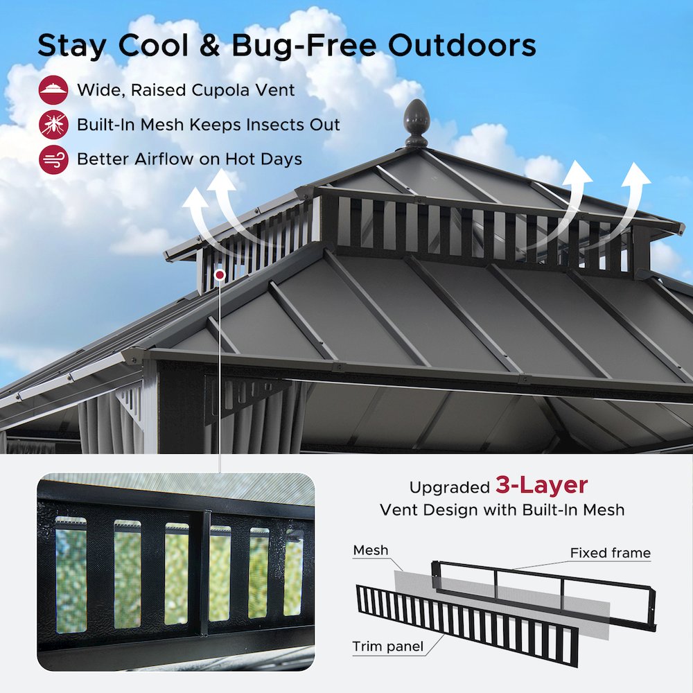10 ft x 10 ft Hardtop Gazebo with Steel Roof, Grey Aluminum Frame. Picture 5