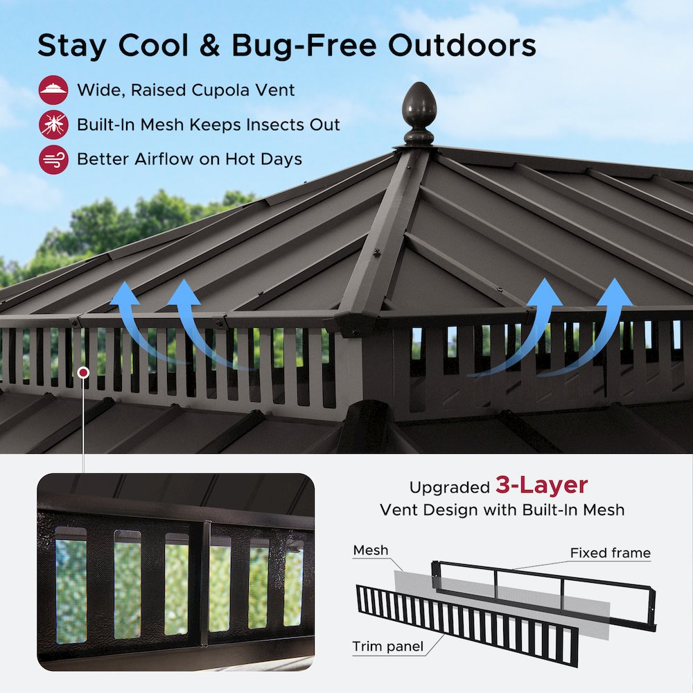 20 ft x 12 ft Aluminum Frame Steel Double Roof Hardtop Rectangular Gazebo, Brown. Picture 7