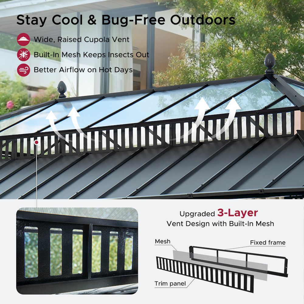 20 ft x 12 ft Aluminum Hardtop Gazebo with Polycarbonate Roof Hardtop, Woodgrain. Picture 5