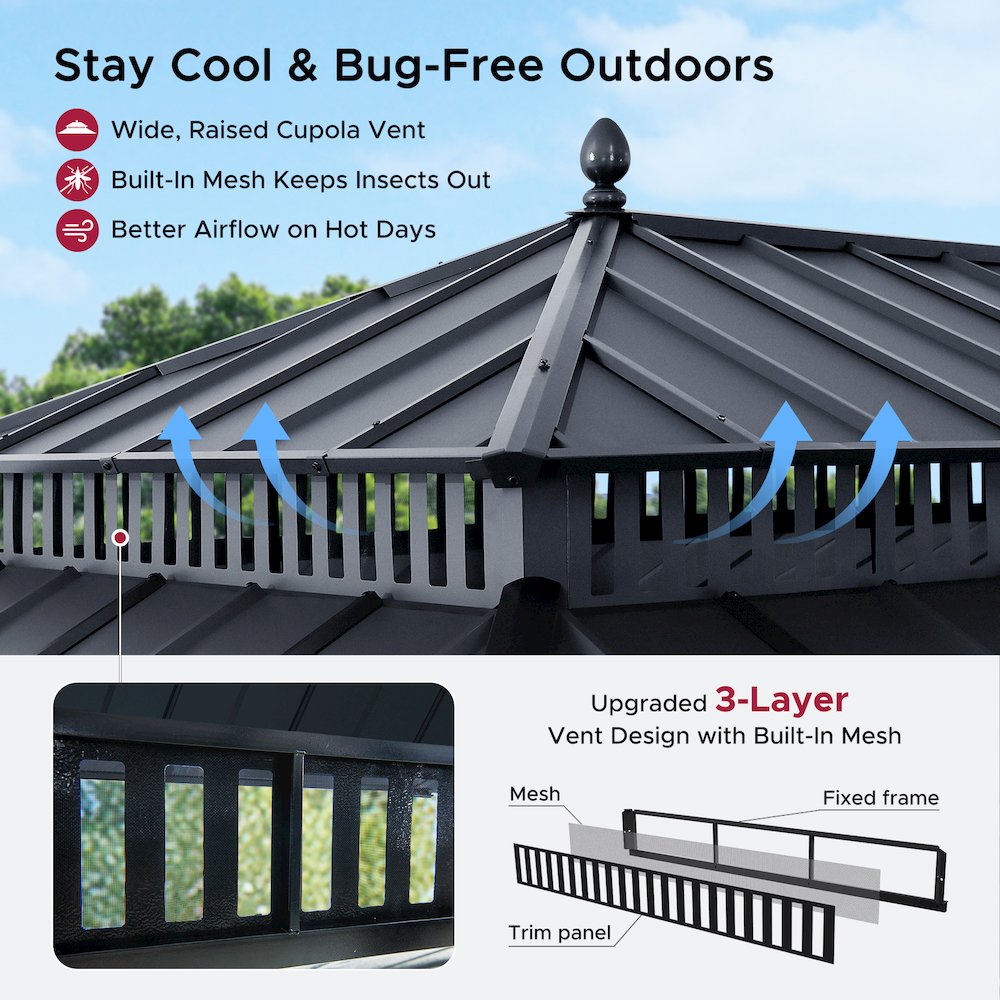 20 ft x 12 ft Aluminum Frame Steel Double Roof Hardtop Rectangular Gazebo, Grey. Picture 6