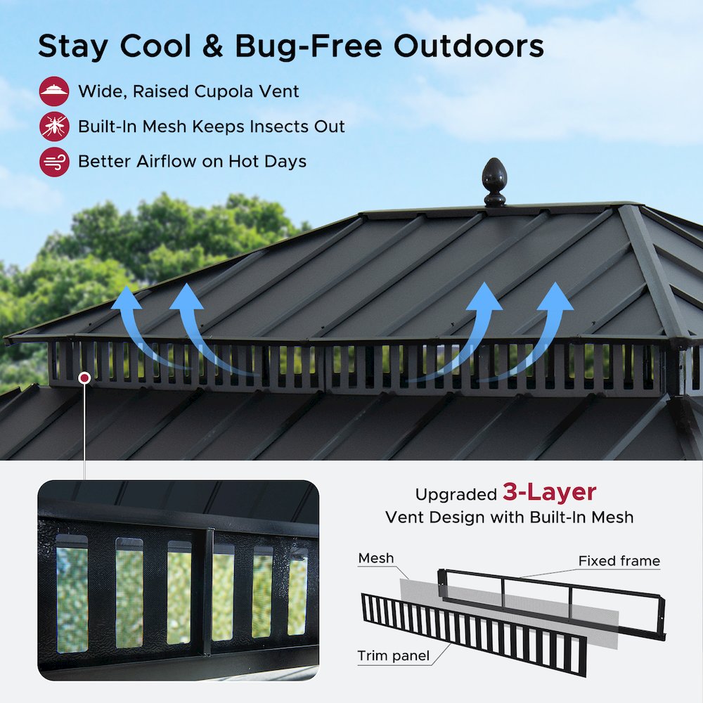 16 ft x 12 ft Aluminum Frame Steel Double Roof Hardtop Rectangular Gazebo, Grey. Picture 13