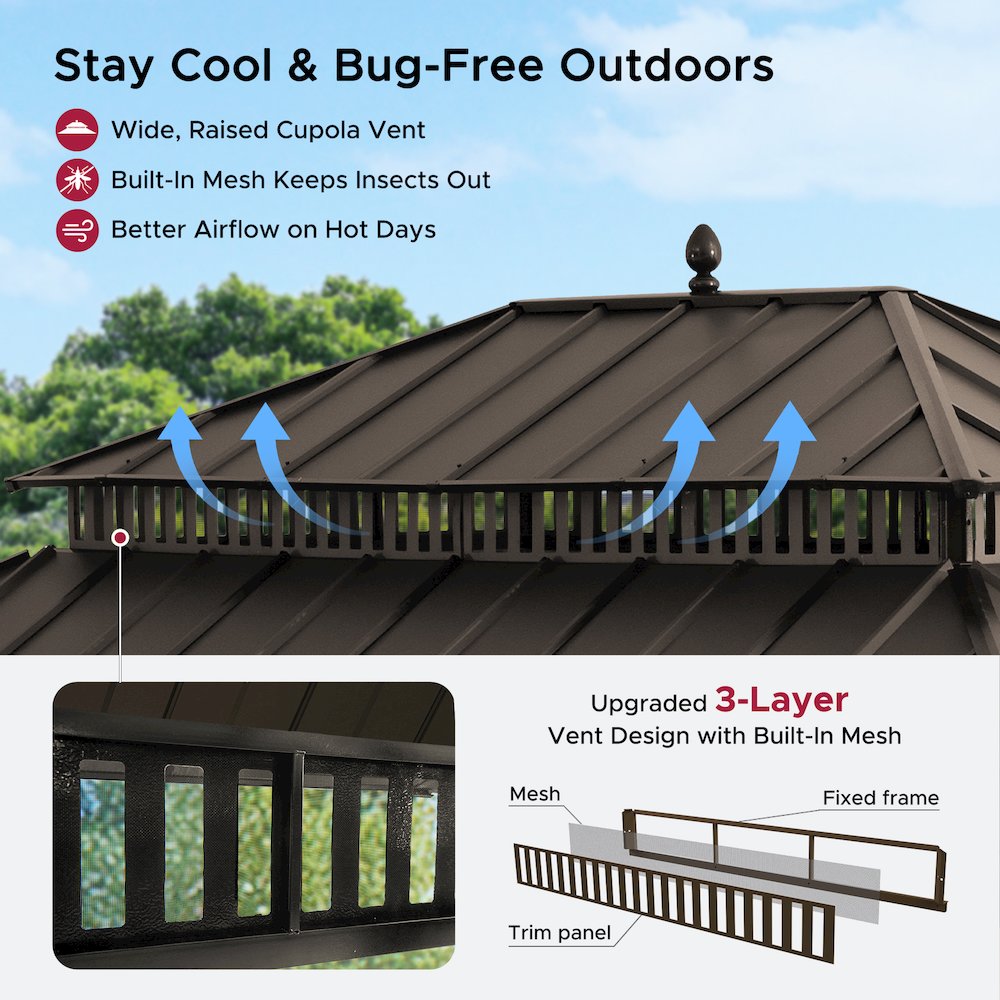 16 ft x 12 ft Aluminum Frame Steel Double Roof Hardtop Rectangular Gazebo, Brown. Picture 13
