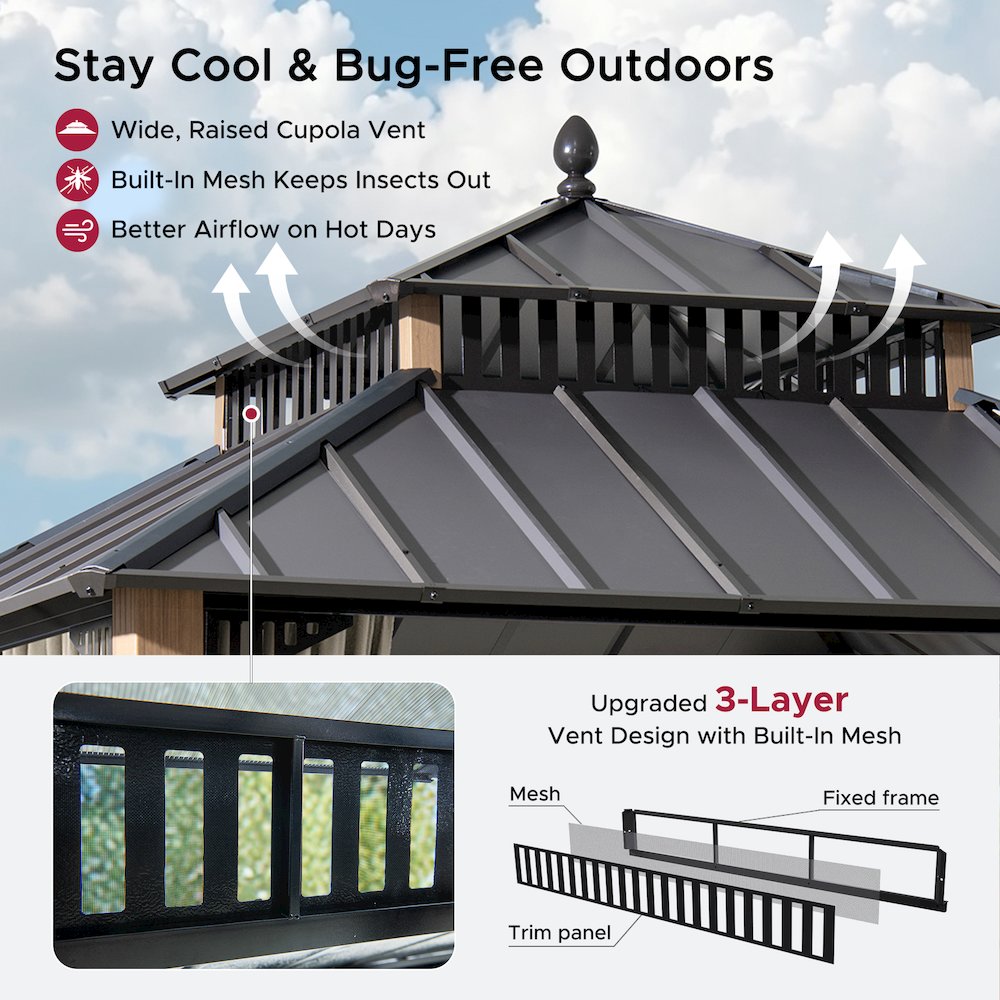 10 ft x 10 ft Hardtop Gazebo with Steel Roof, Woodgrain Aluminum Frame. Picture 6