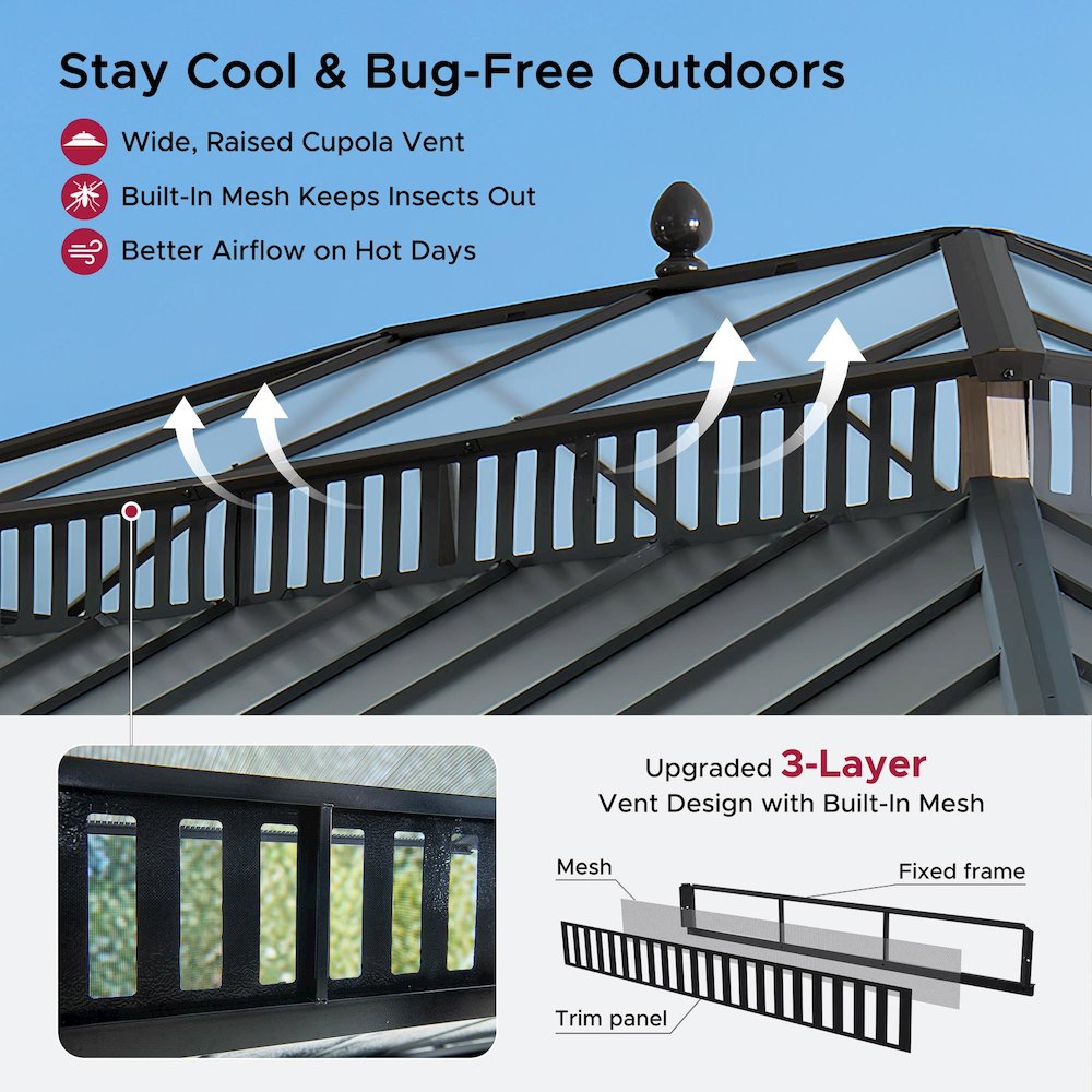 16 ft x 12 ft Hardtop Gazebo, Steel & Polycarbonate Roof - Extra-Tall. Picture 4