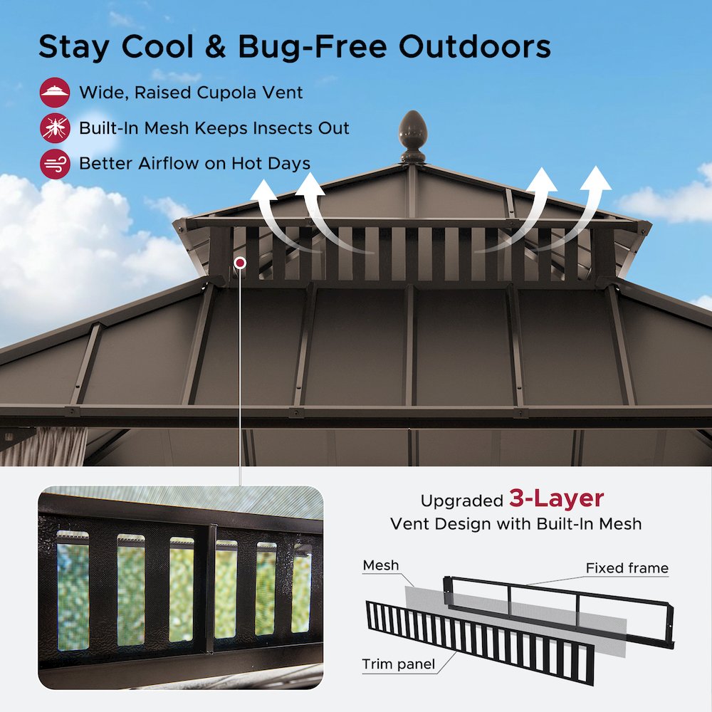 10 ft x 10 ft Hardtop Gazebo with Steel Roof, Brown Aluminum Frame. Picture 10