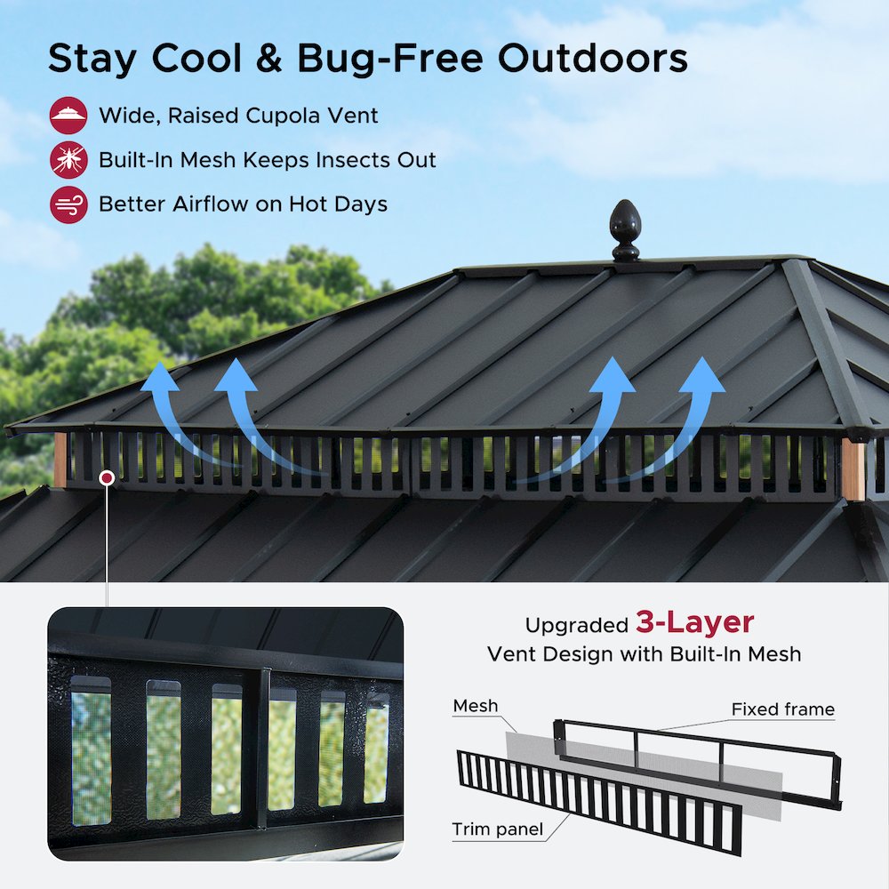 16 ft x 12 ft Woodgrain Aluminum Frame Galvanized Steel Roof Gazebo. Picture 4