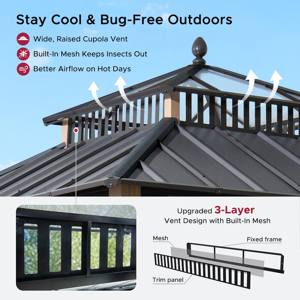 10 ft x 10 ft Hardtop Gazebo, Steel & Polycarbonate Roof - Extra-Tall. Picture 5