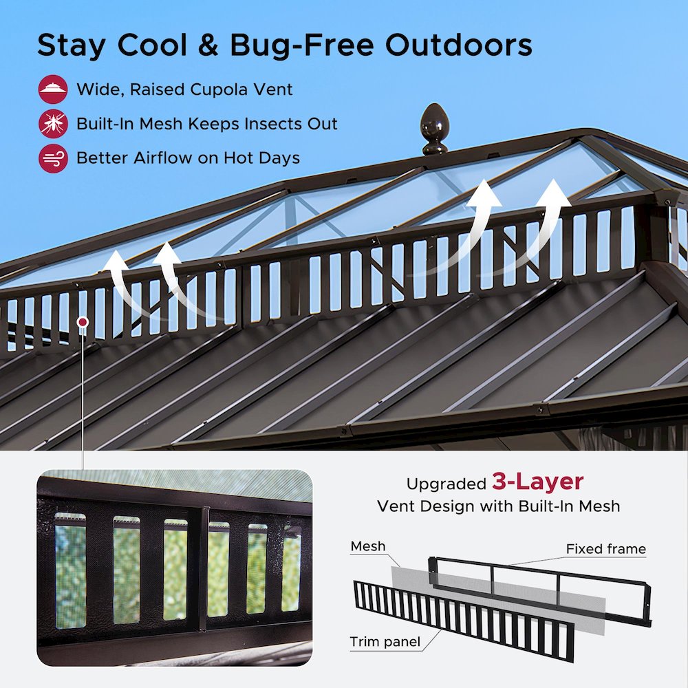 16 ft x 12 ft Hardtop Gazebo, Steel & Polycarbonate Roof, Brown Aluminum Posts. Picture 4