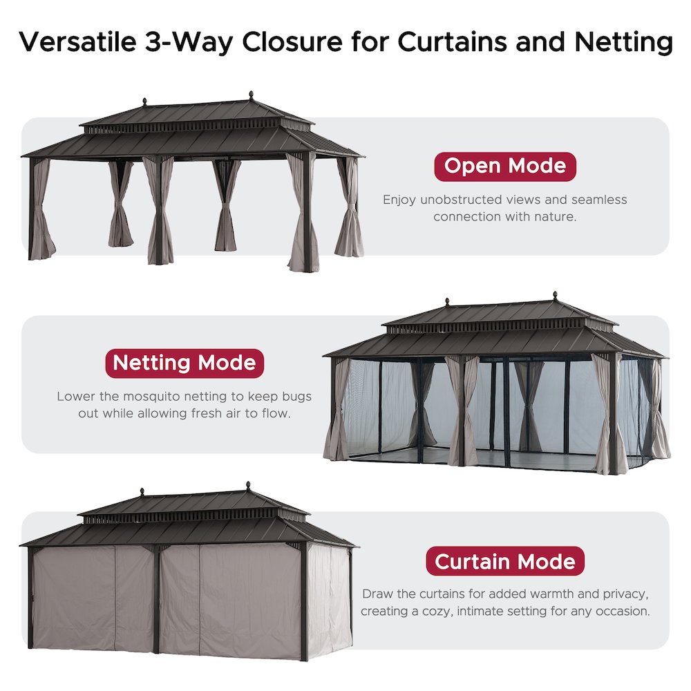 20 ft x 12 ft Aluminum Frame Steel Double Roof Hardtop Rectangular Gazebo, Brown. Picture 3