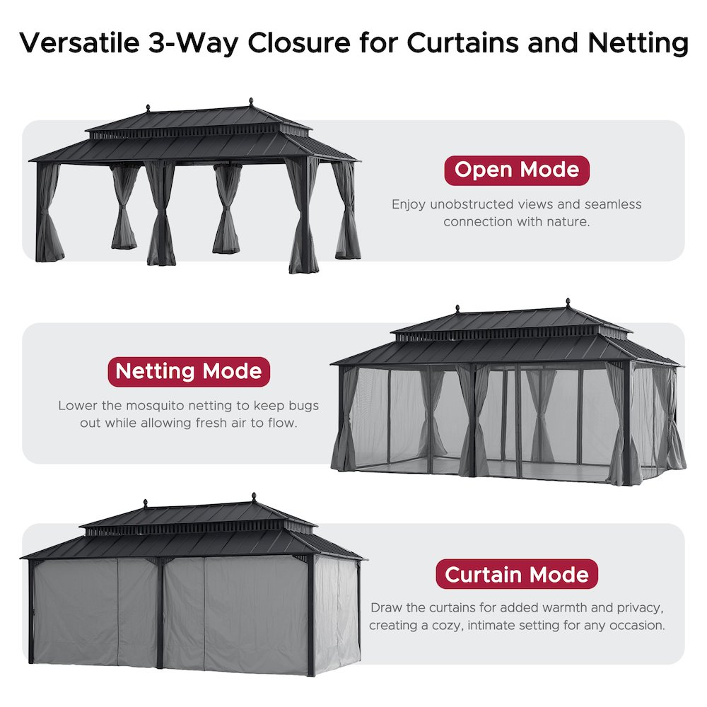 20 ft x 12 ft Aluminum Frame Steel Double Roof Hardtop Rectangular Gazebo, Grey. Picture 7