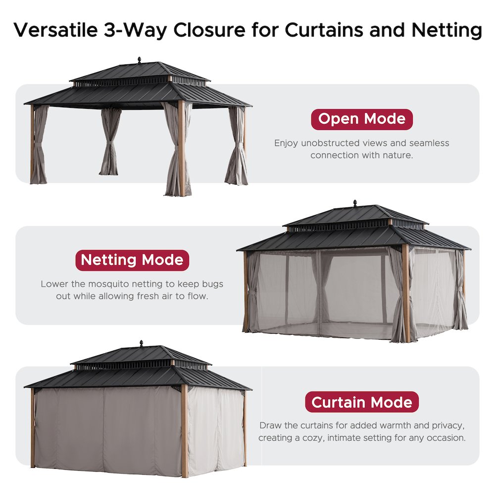 16 ft x 12 ft Woodgrain Aluminum Frame Galvanized Steel Roof Gazebo. Picture 14