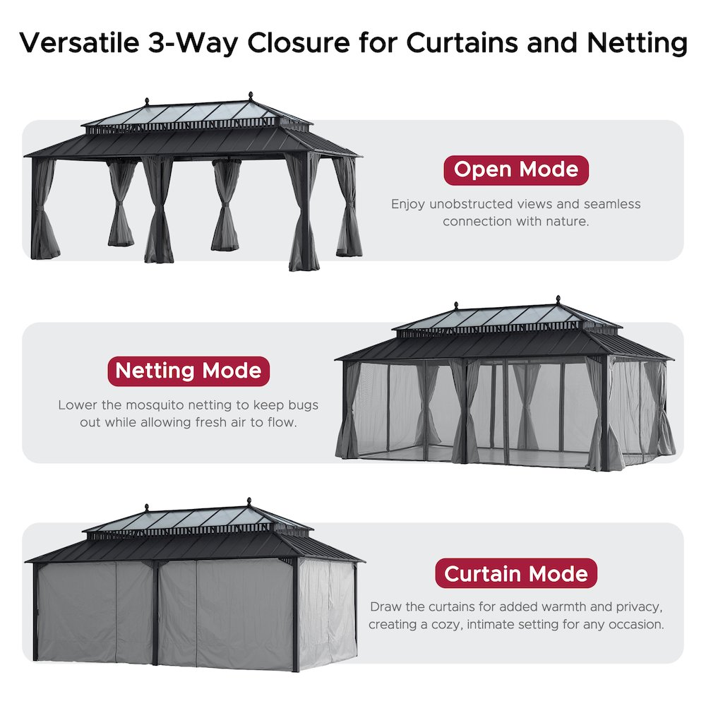 20 ft x 12 ft Hardtop Gazebo with Steel Roof, Grey Aluminum Frame. Picture 13