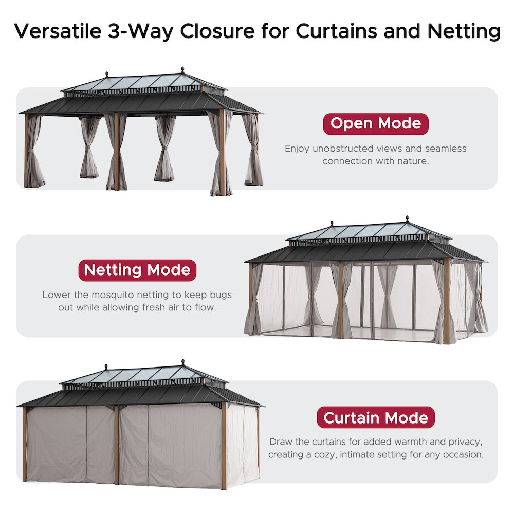 20 ft x 12 ft Aluminum Hardtop Gazebo with Polycarbonate Roof Hardtop, Woodgrain. Picture 4