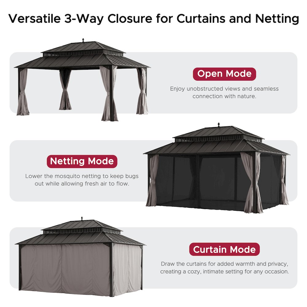16 ft x 12 ft Aluminum Frame Steel Double Roof Hardtop Rectangular Gazebo, Brown. Picture 14