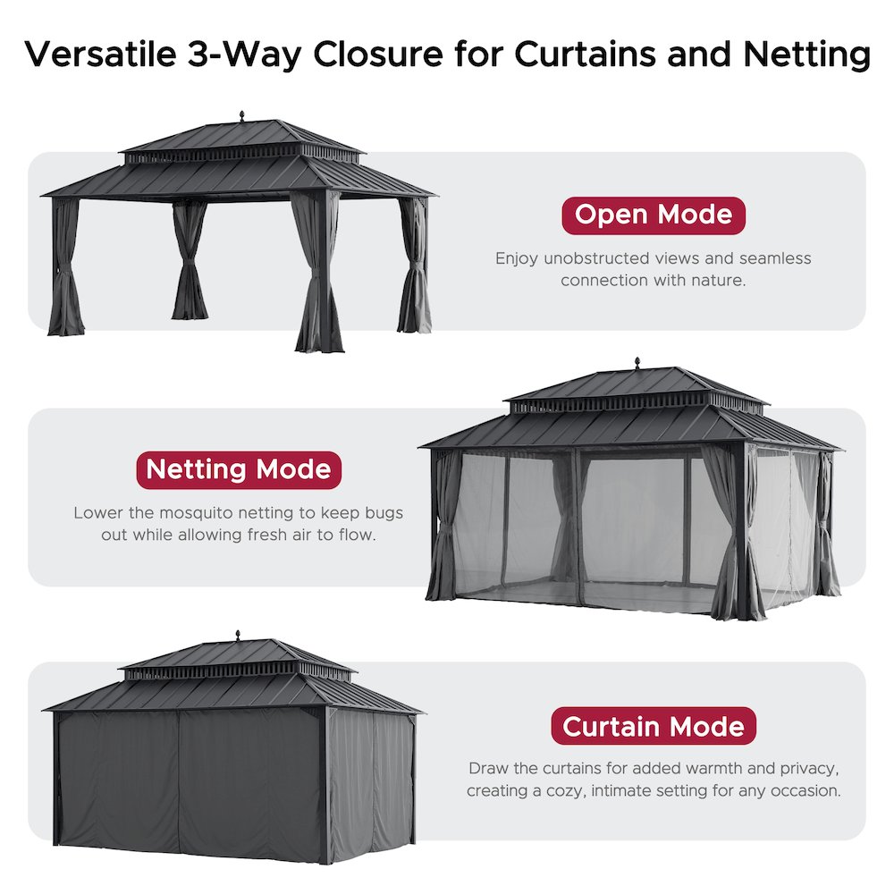 16 ft x 12 ft Aluminum Frame Steel Double Roof Hardtop Rectangular Gazebo, Grey. Picture 8