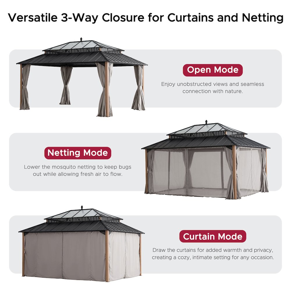 16 ft x 12 ft Hardtop Gazebo, Steel & Polycarbonate Roof - Extra-Tall. Picture 14