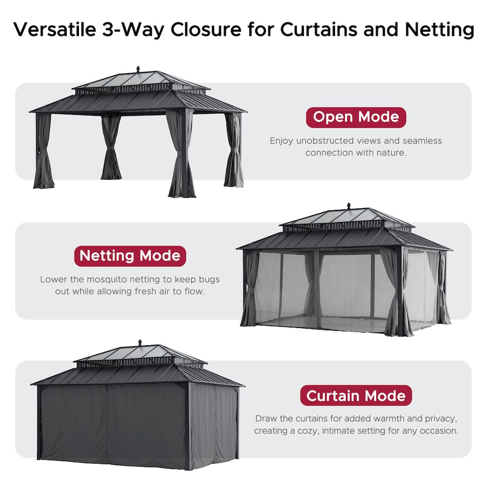 16 ft x 12 ft Hardtop Gazebo, Steel & PC Roof, Gray Woodgrain Aluminum. Picture 5
