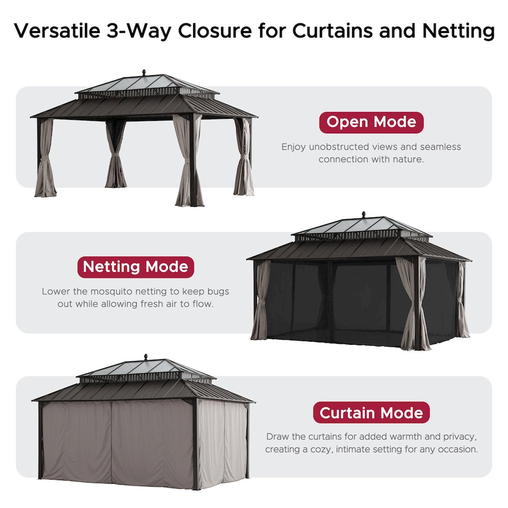 16 ft x 12 ft Hardtop Gazebo, Steel & Polycarbonate Roof, Brown Aluminum Posts. Picture 14