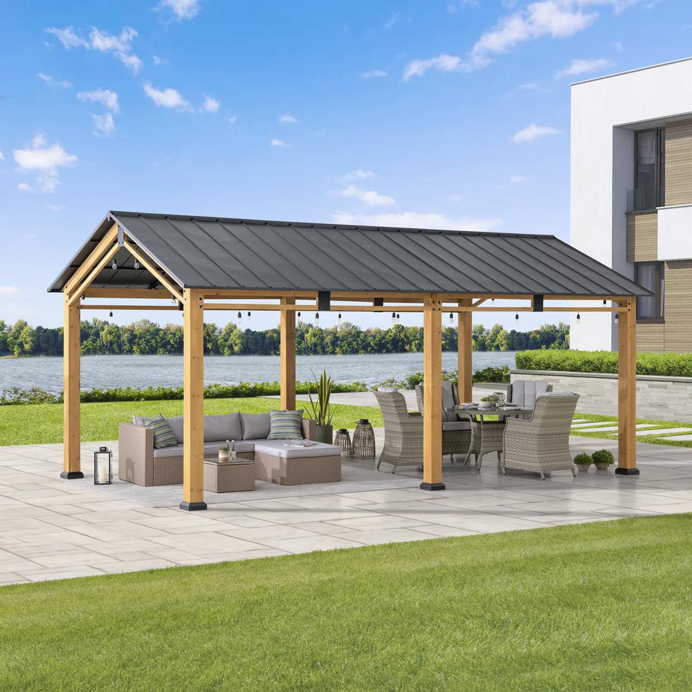 11 ft. x 20 ft. Cedar Wood Frame Carport Outdoor Patio Hardtop Gazebo. Picture 7