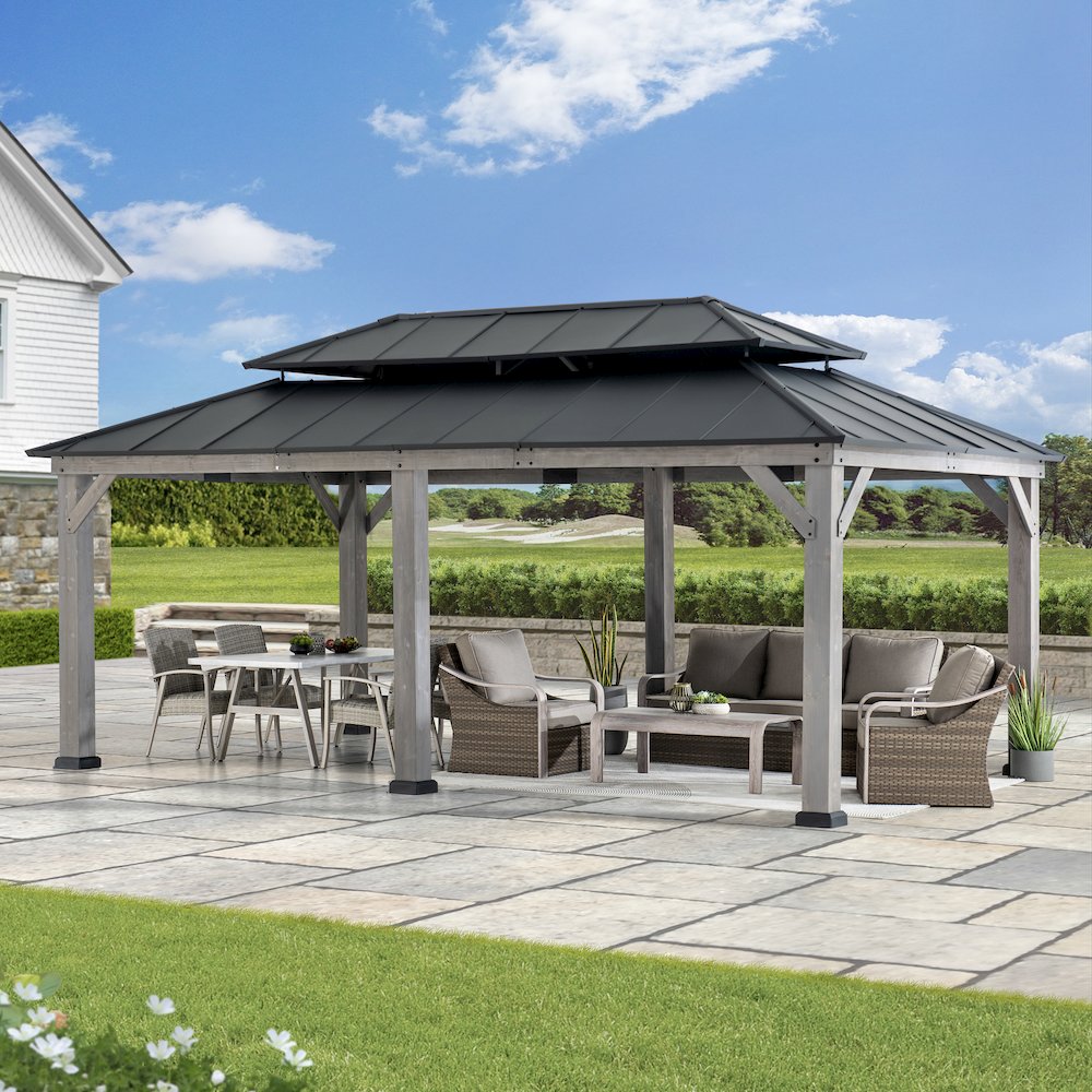 Wood Gazebo, Outdoor Patio Steel Hardtop Gazebo, Cedar Framed Wooden Gazebo. Picture 5