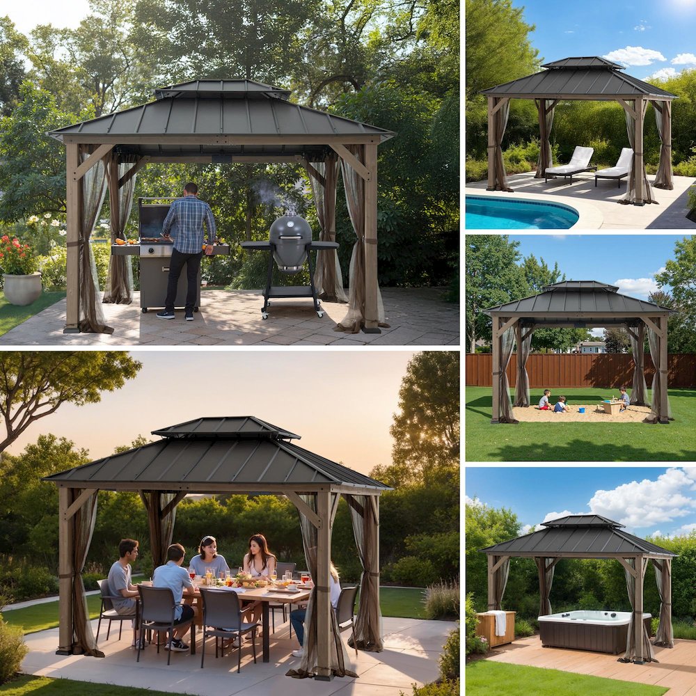 10 ft. x 12 ft. Cedar Wood Gazebo with Galvanized Steel Roof - Brown. Picture 3