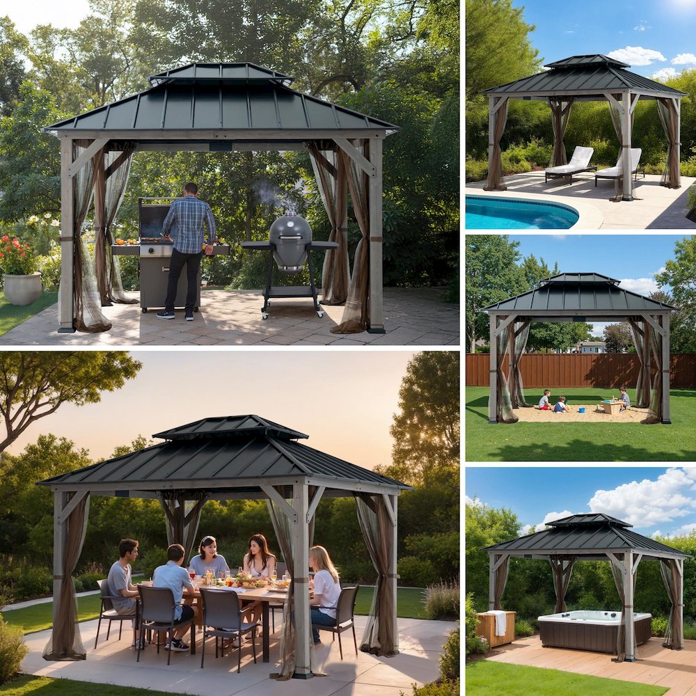 10 ft. x 12 ft. Cedar Wood Gazebo with Galvanized Steel Roof - Gray. Picture 12