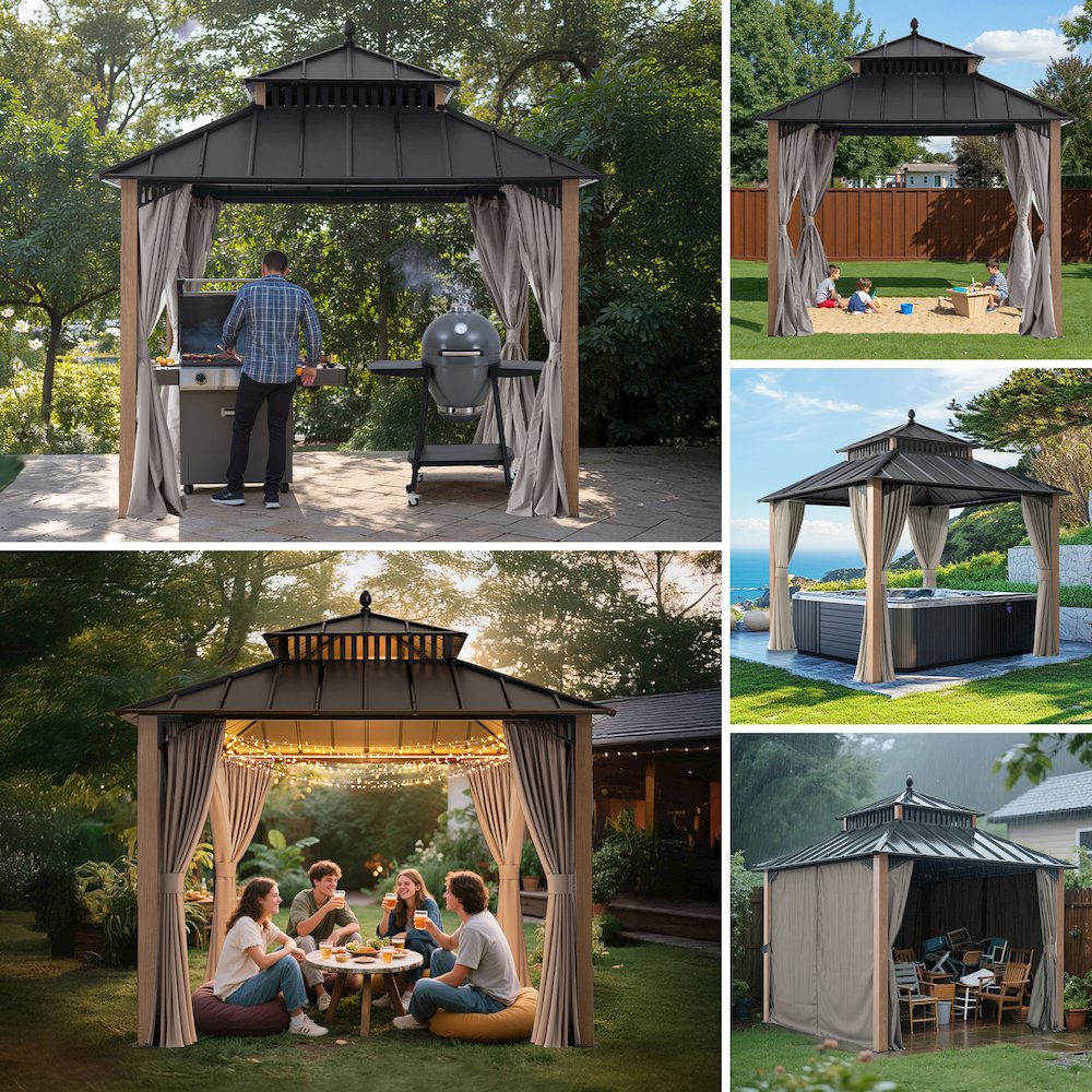 10 ft x 10 ft Hardtop Gazebo with Steel Roof, Woodgrain Aluminum Frame. Picture 2