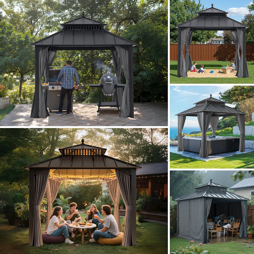 10 ft x 10 ft Hardtop Gazebo with Steel Roof, Grey Aluminum Frame. Picture 3