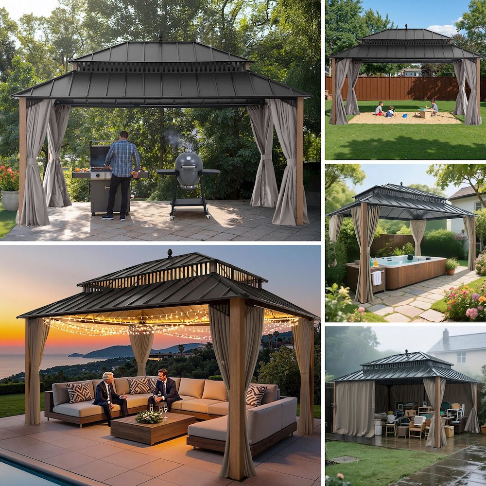 16 ft x 12 ft Woodgrain Aluminum Frame Galvanized Steel Roof Gazebo. Picture 2