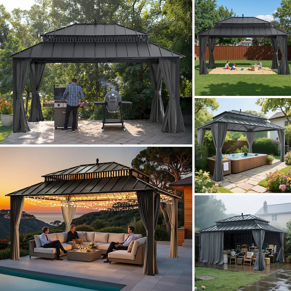 16 ft x 12 ft Aluminum Frame Steel Double Roof Hardtop Rectangular Gazebo, Grey. Picture 2