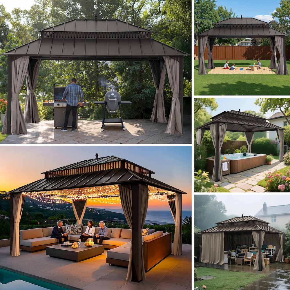 16 ft x 12 ft Aluminum Frame Steel Double Roof Hardtop Rectangular Gazebo, Brown. Picture 2