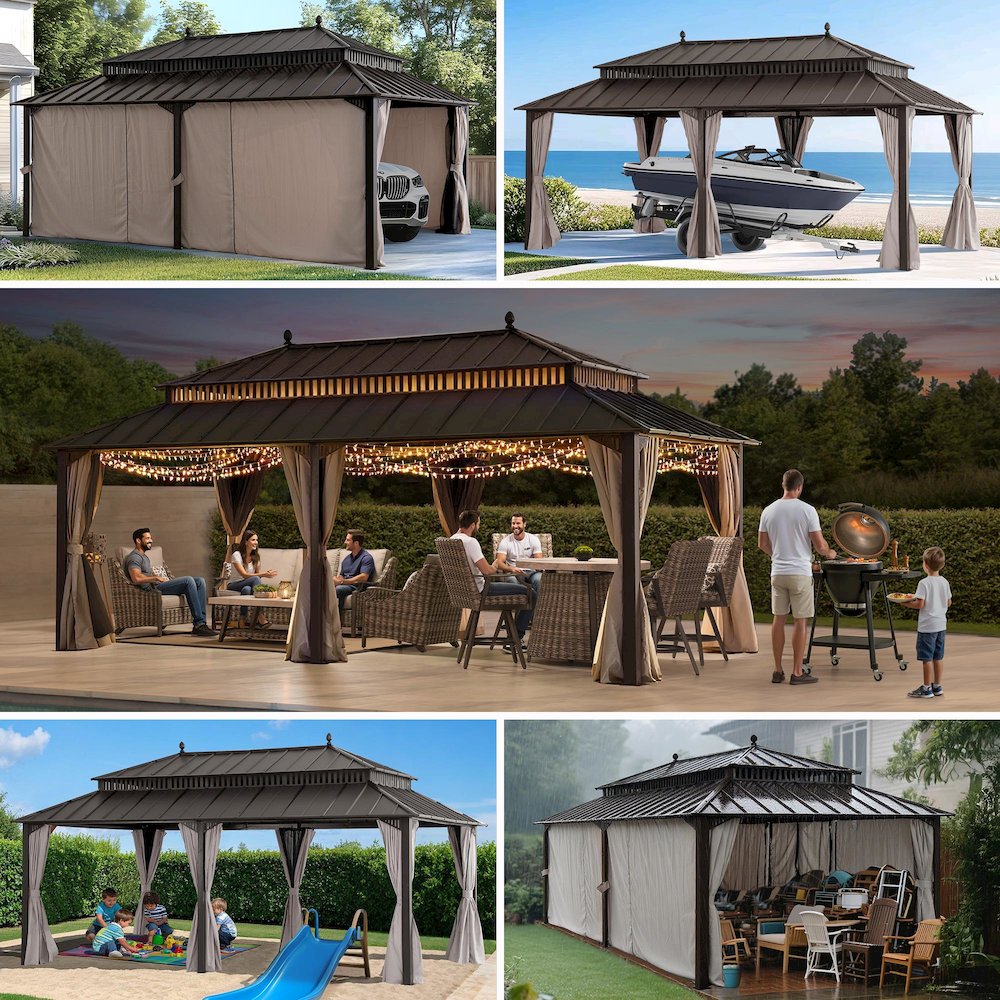 20 ft x 12 ft Aluminum Frame Steel Double Roof Hardtop Rectangular Gazebo, Brown. Picture 2