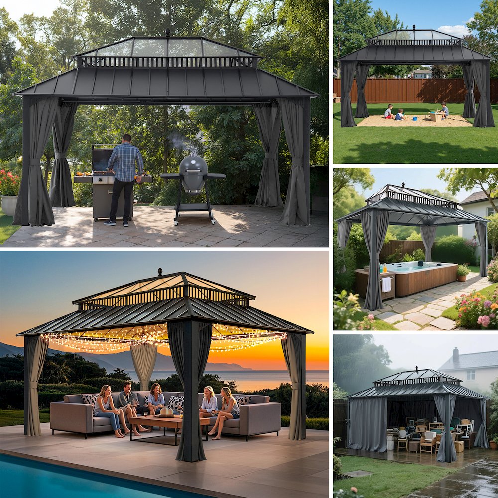 16 ft x 12 ft Hardtop Gazebo, Steel & PC Roof, Gray Woodgrain Aluminum. Picture 14