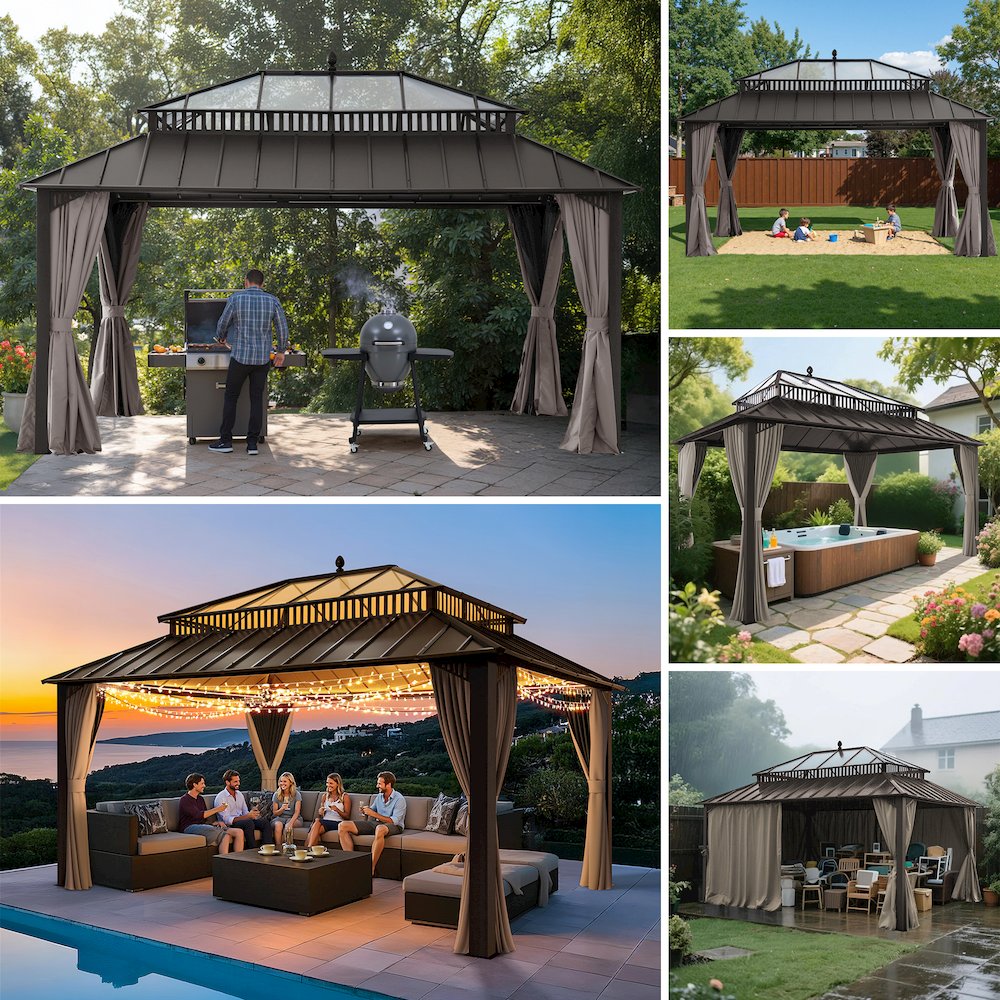 16 ft x 12 ft Hardtop Gazebo, Steel & Polycarbonate Roof, Brown Aluminum Posts. Picture 2